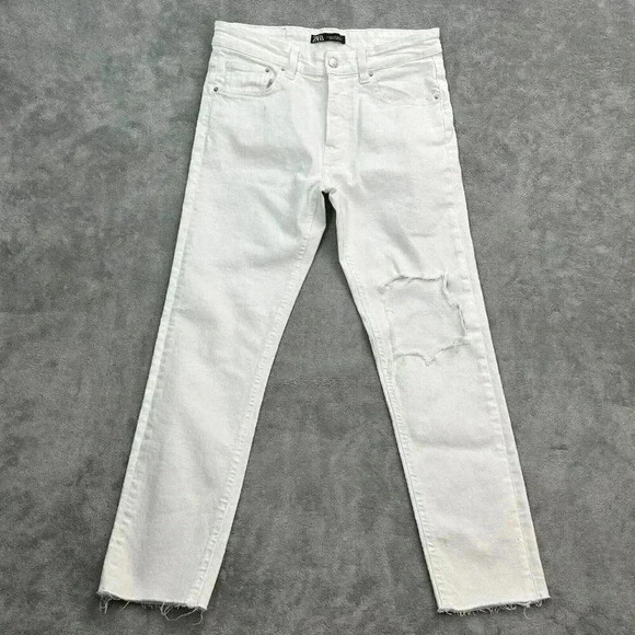 Zara Denim - Zara Pants Womens Size 31 High Waisted White Denim Jeans Raw Hem Distressed